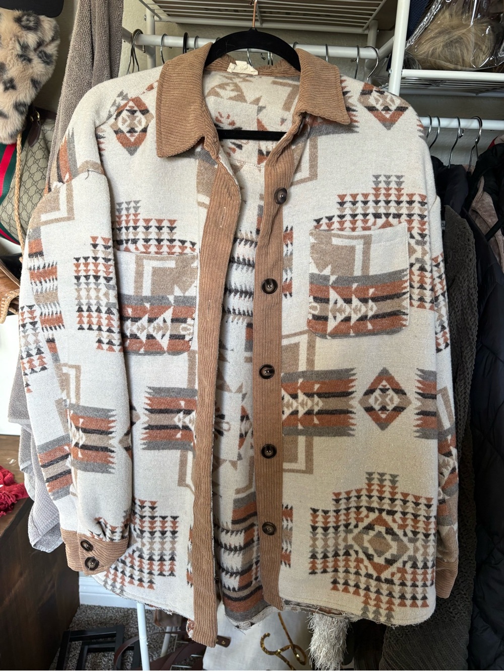 Southwestern Pattern Button-Up Cardigan Jacket in Cream and Tan